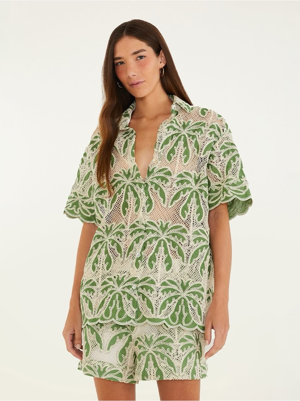 Farm Rio Green & White Patterned Short-Sleeve Button-Up Shirt